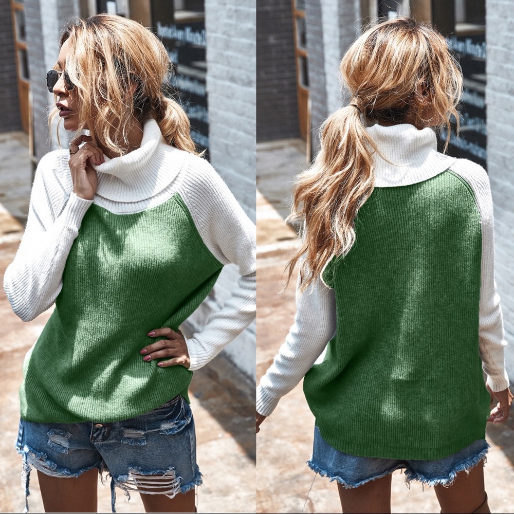 🍁🆕Olive Green & White Turtle Neck Sweater - Picture 1 of 7